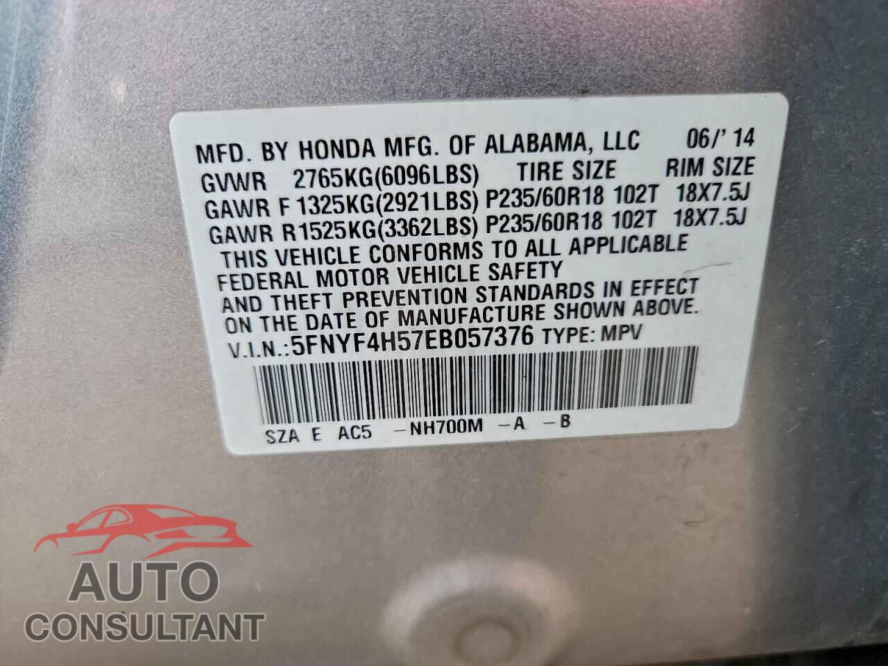 HONDA PILOT 2014 - 5FNYF4H57EB057376