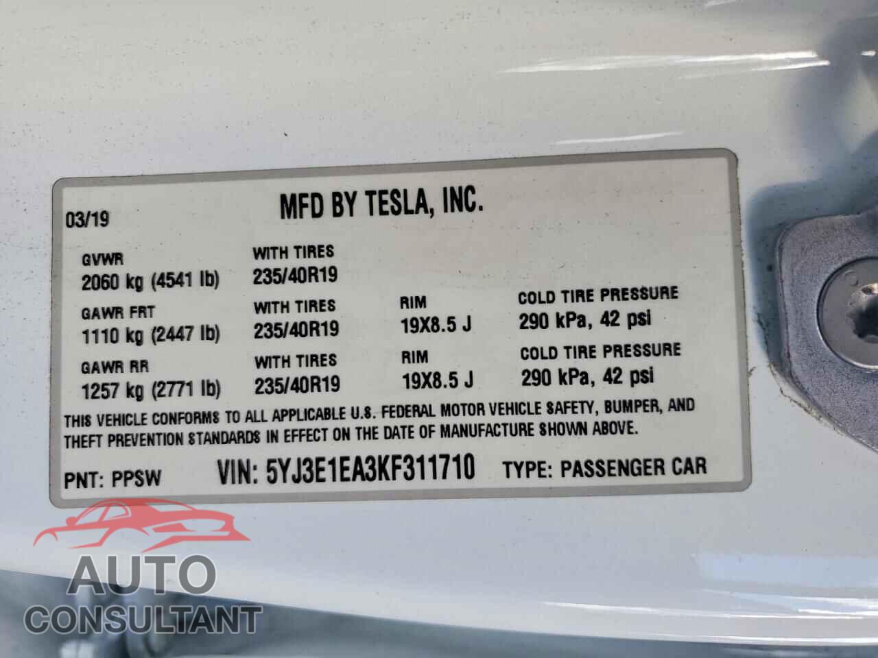 TESLA MODEL 3 2019 - 5YJ3E1EA3KF311710