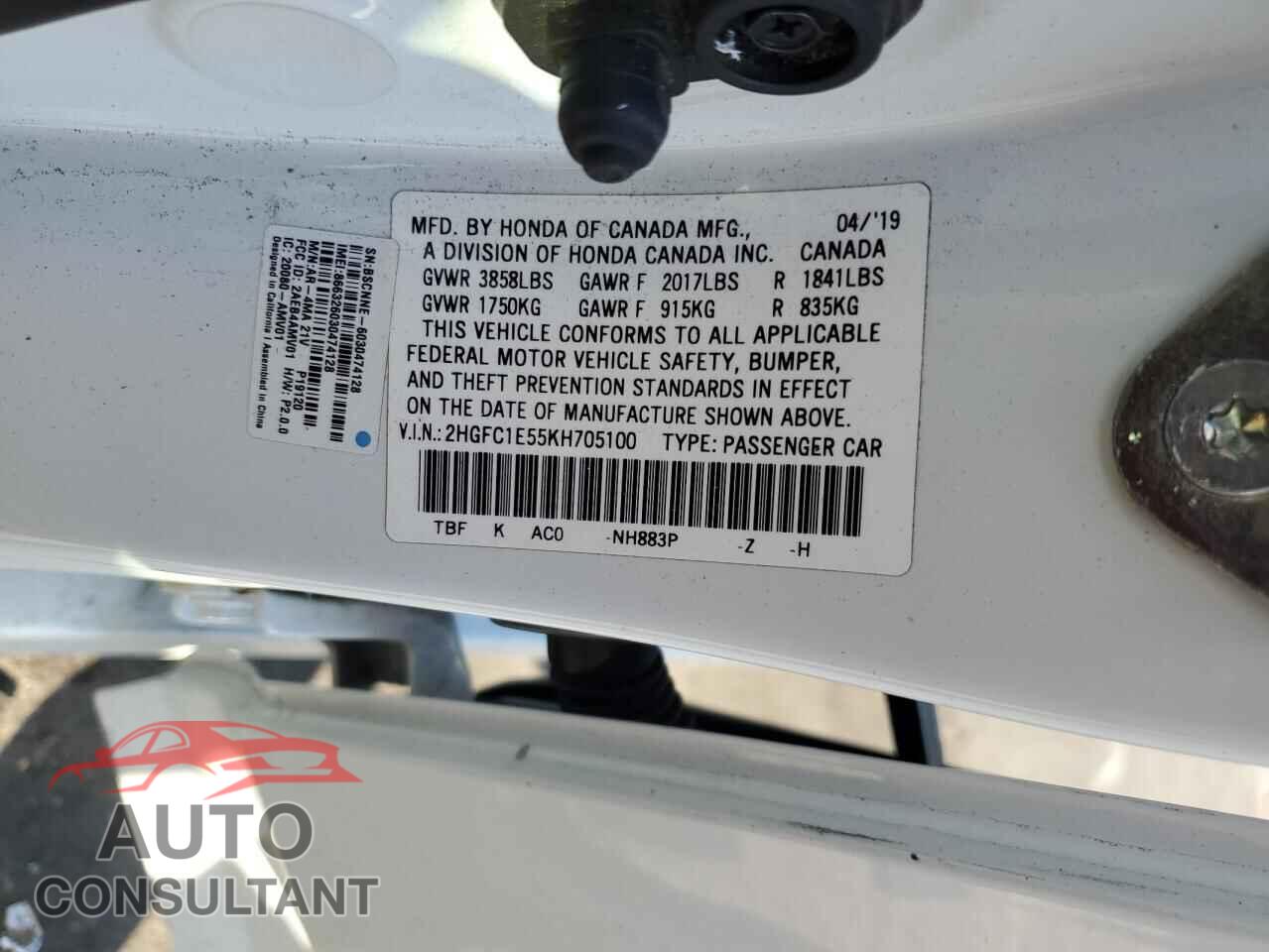HONDA CIVIC 2019 - 2HGFC1E55KH705100