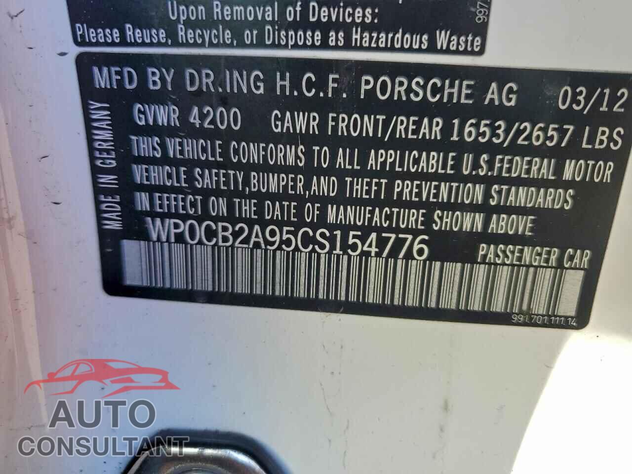 PORSCHE 911 2012 - WP0CB2A95CS154776