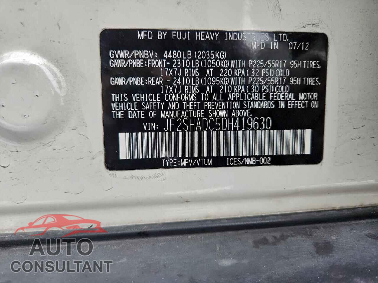 SUBARU FORESTER 2013 - JF2SHADC5DH419630