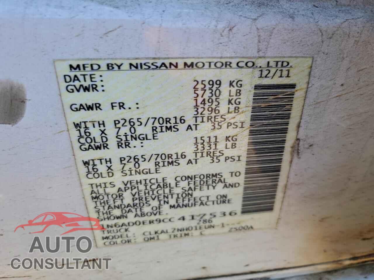 NISSAN FRONTIER 2012 - 1N6AD0ER9CC417536