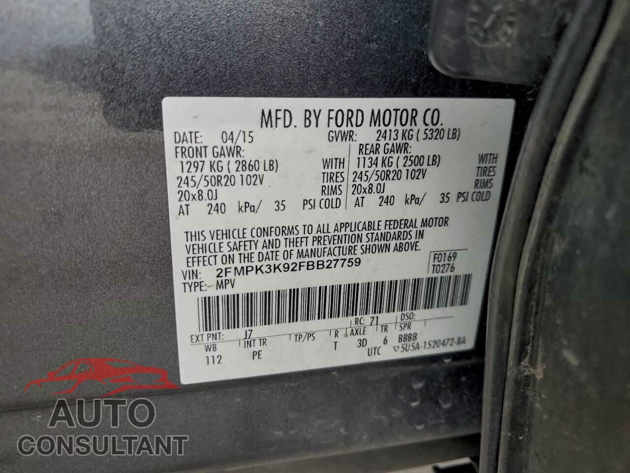 FORD EDGE 2015 - 2FMPK3K92FBB27759