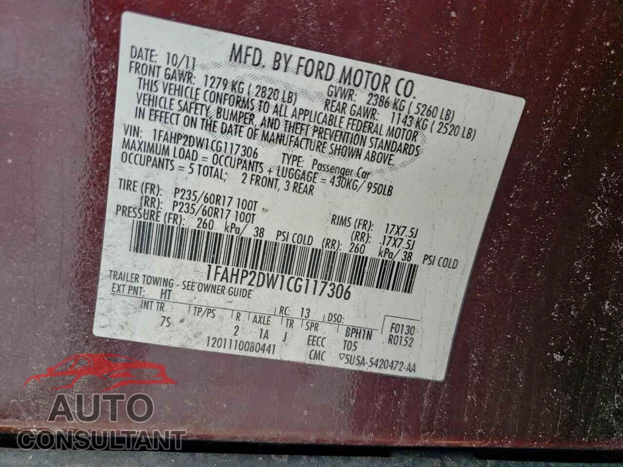 FORD TAURUS 2012 - 1FAHP2DW1CG117306