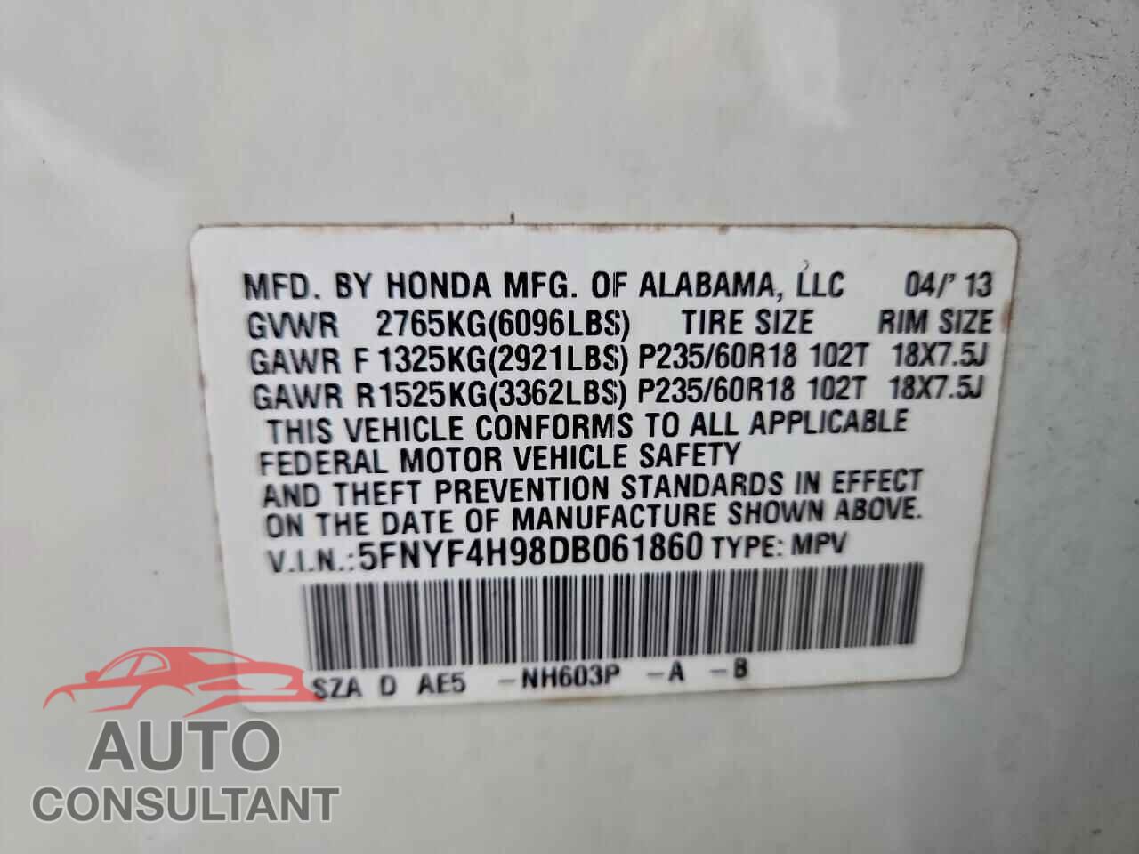 HONDA PILOT 2013 - 5FNYF4H98DB061860