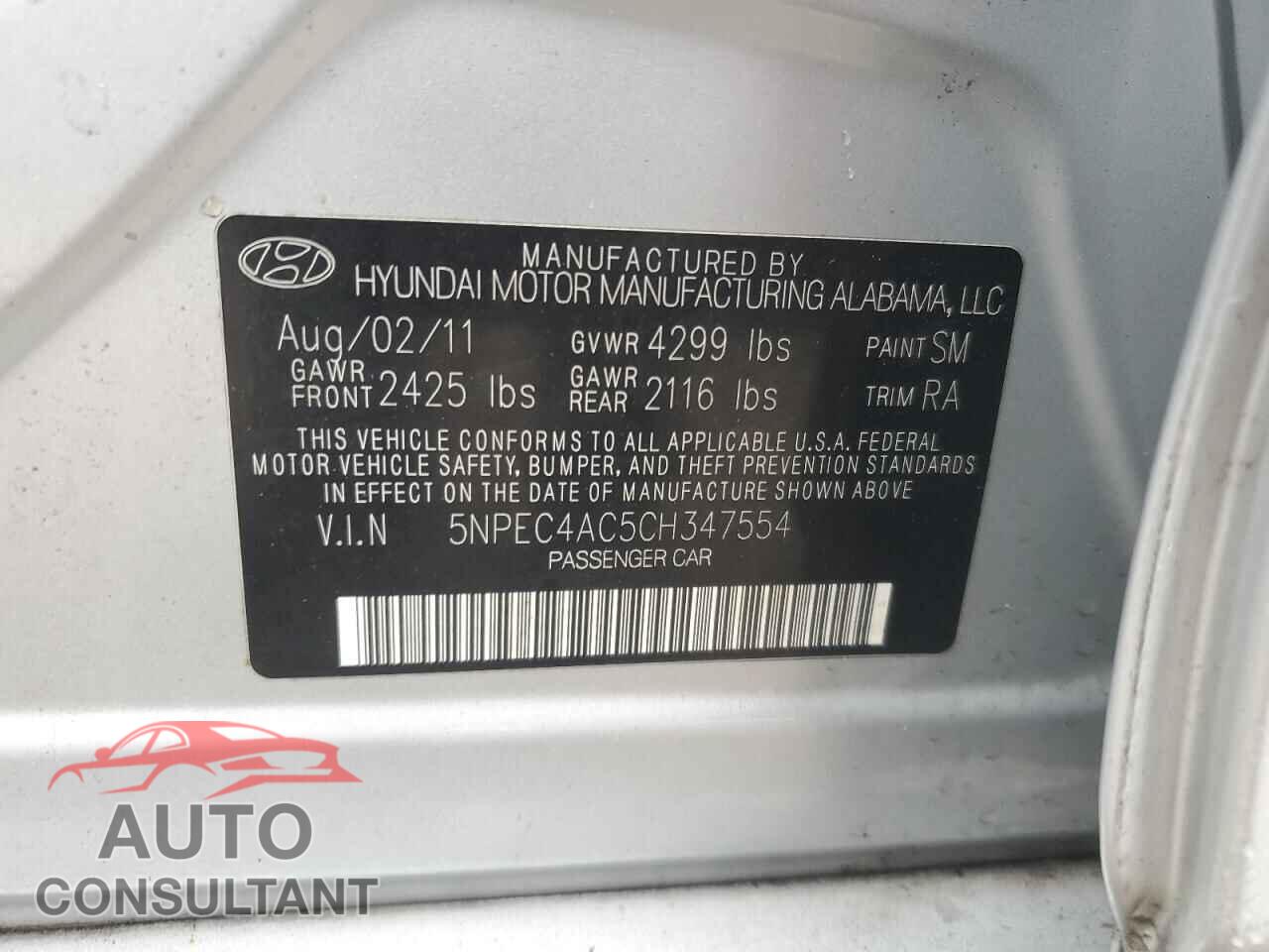 HYUNDAI SONATA 2012 - 5NPEC4AC5CH347554
