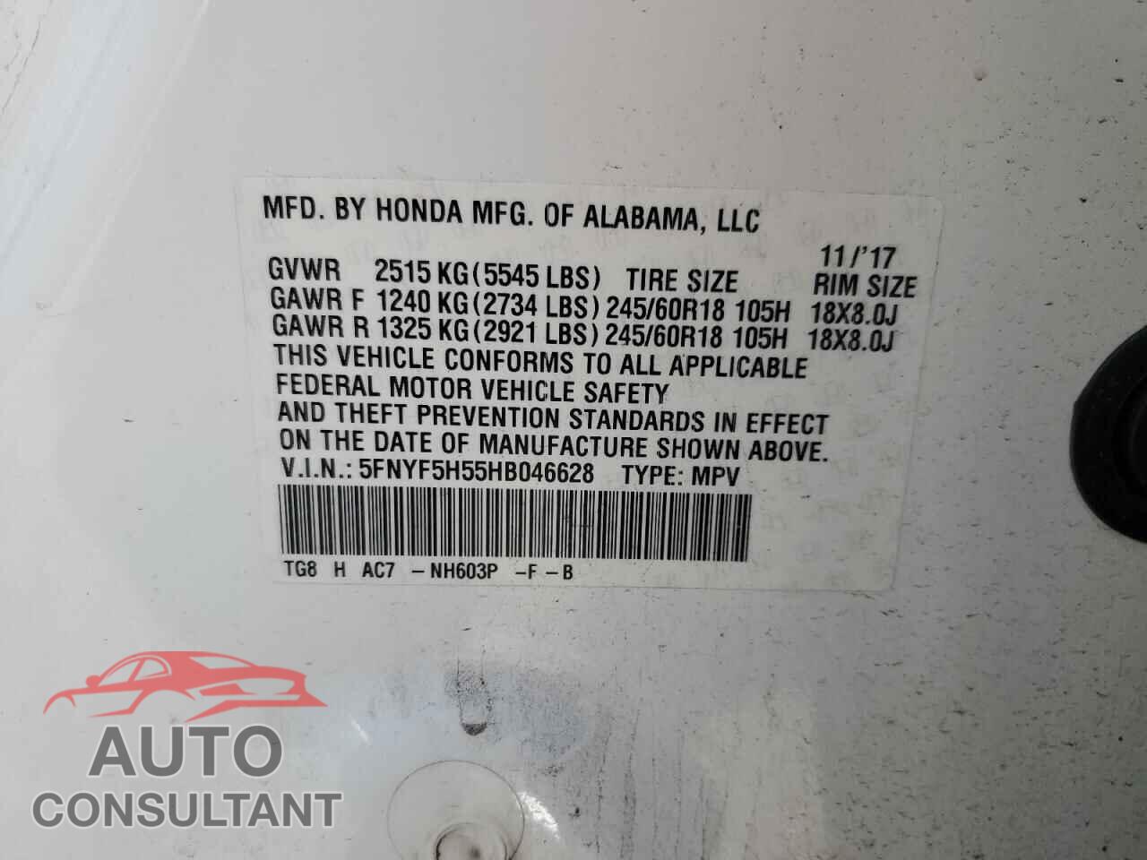 HONDA PILOT 2017 - 5FNYF5H55HB046628