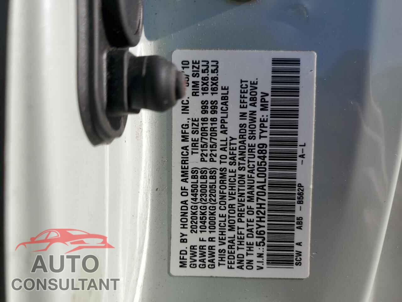 HONDA ELEMENT 2010 - 5J6YH2H70AL005489