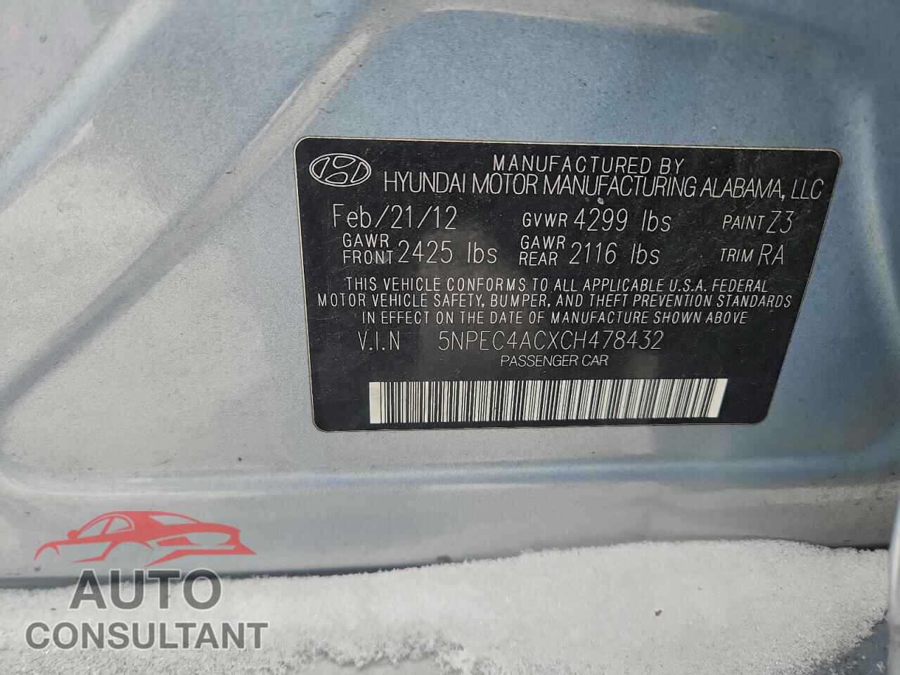 HYUNDAI SONATA 2012 - 5NPEC4ACXCH478432