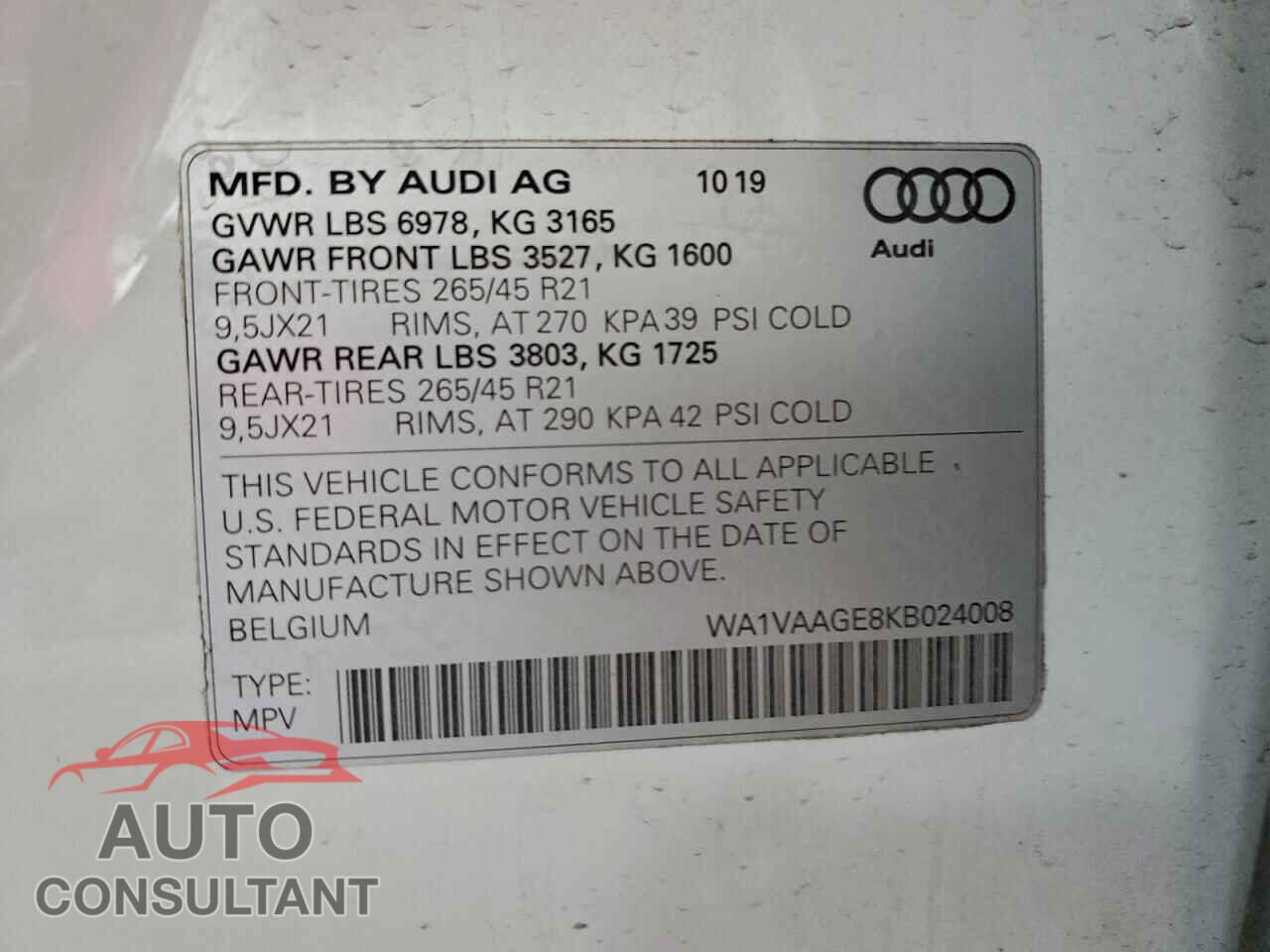 AUDI E-TRON 2019 - WA1VAAGE8KB024008