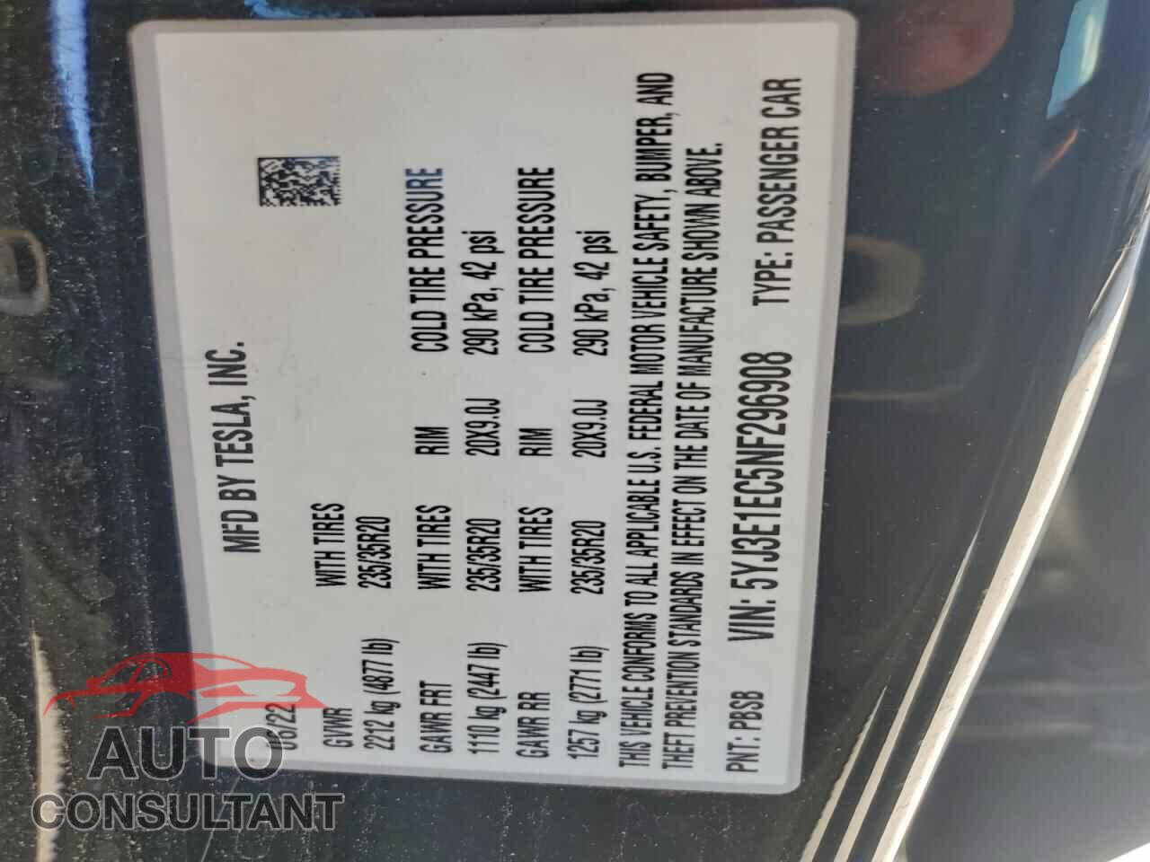 TESLA MODEL 3 2022 - 5YJ3E1EC5NF296908