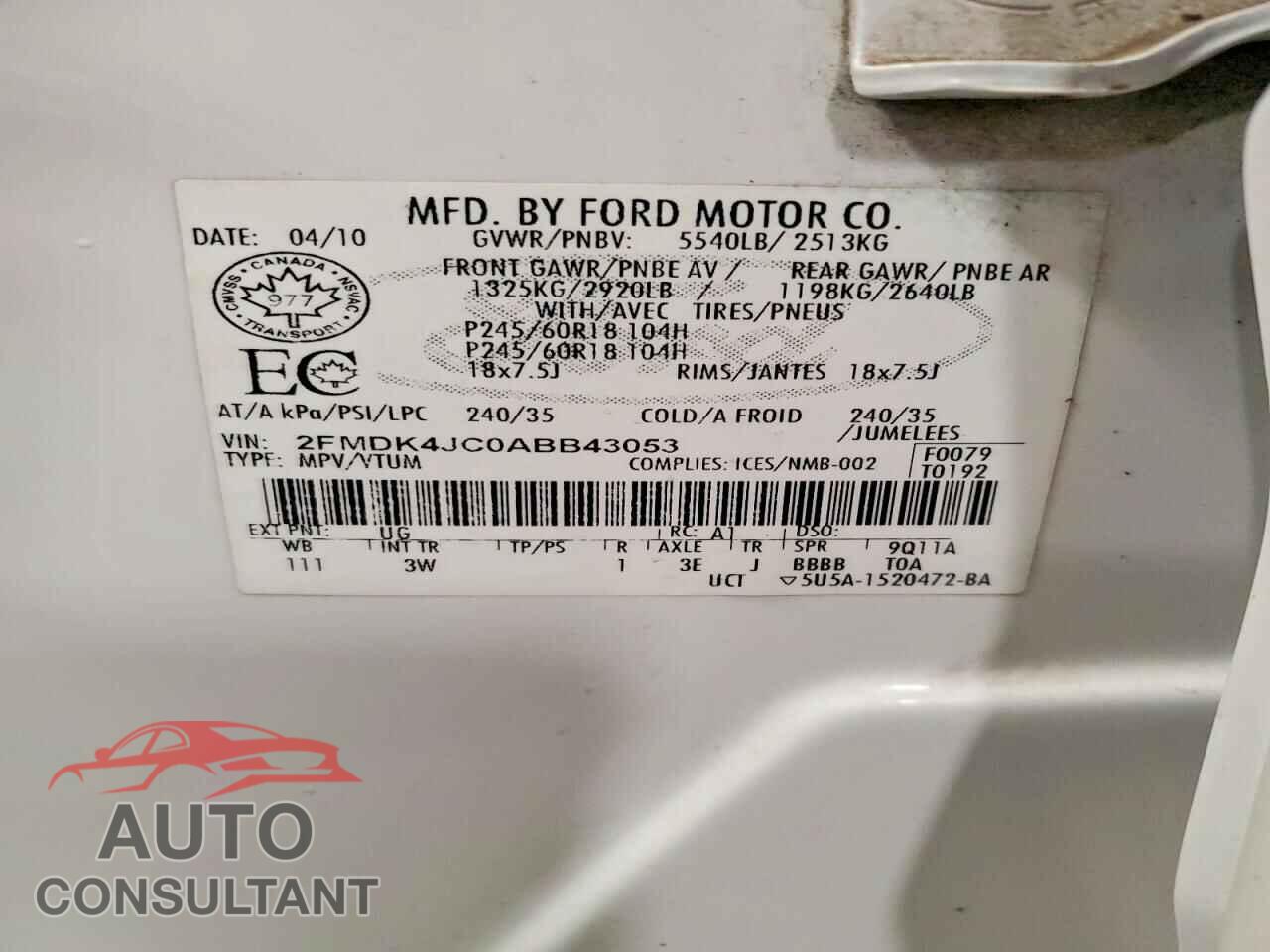 FORD EDGE 2010 - 2FMDK4JC0ABB43053