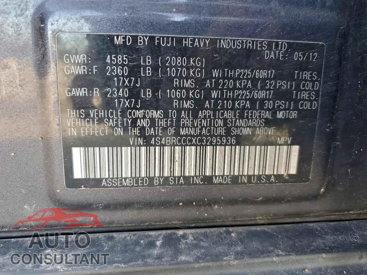 SUBARU OUTBACK 2012 - 4S4BRCCCXC3295936