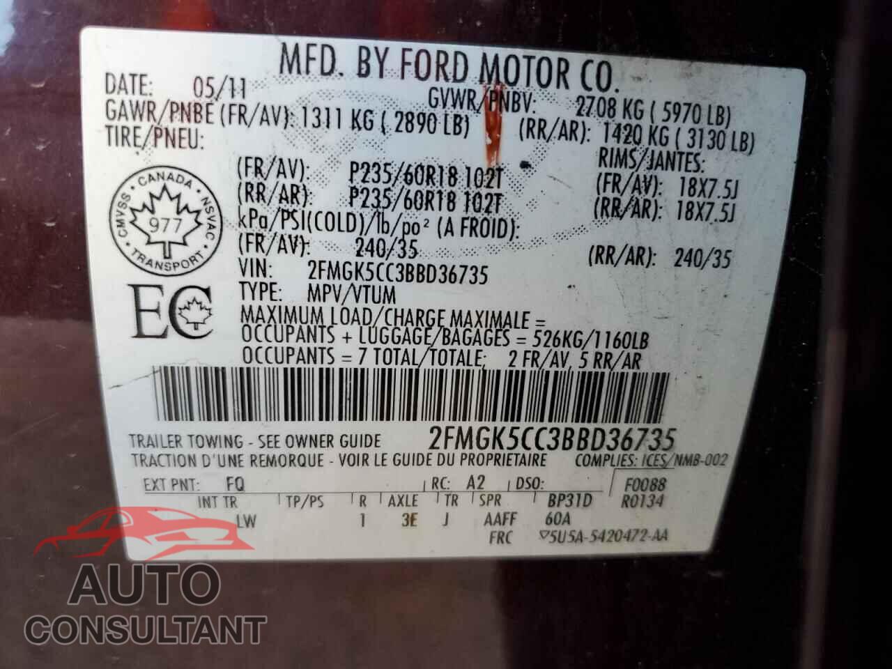 FORD FLEX 2011 - 2FMGK5CC3BBD36735