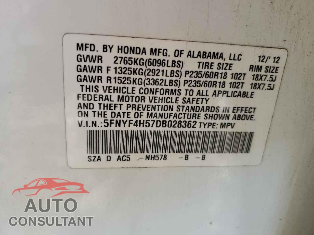 HONDA PILOT 2013 - 5FNYF4H57DB028362