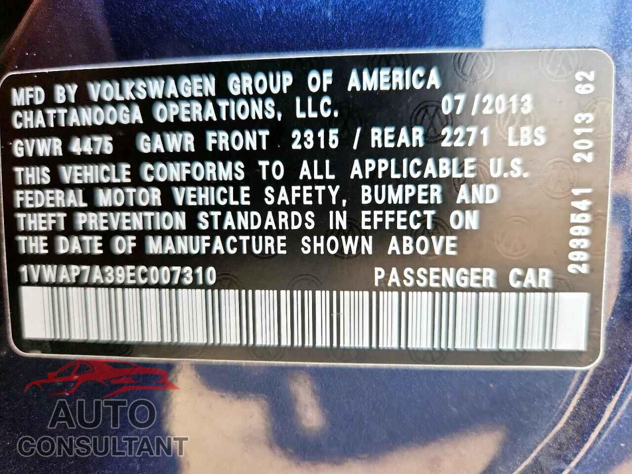 VOLKSWAGEN PASSAT 2014 - 1VWAP7A39EC007310