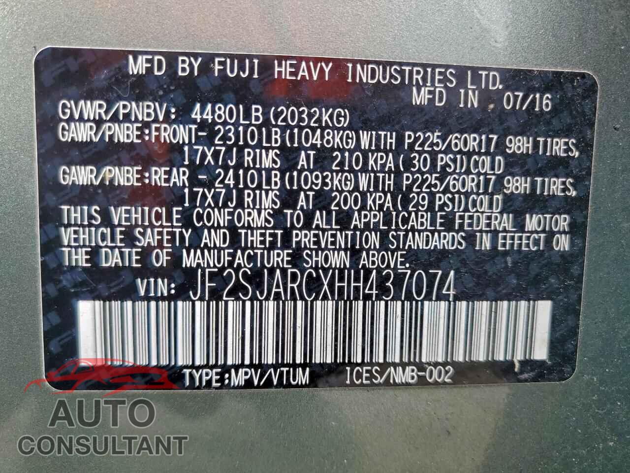 SUBARU FORESTER 2017 - JF2SJARCXHH437074
