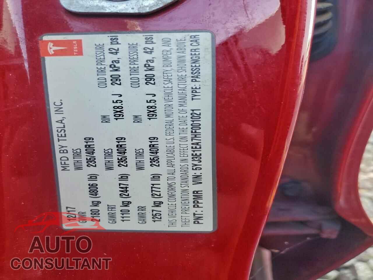 TESLA MODEL 3 2017 - 5YJ3E1EA7HF001021