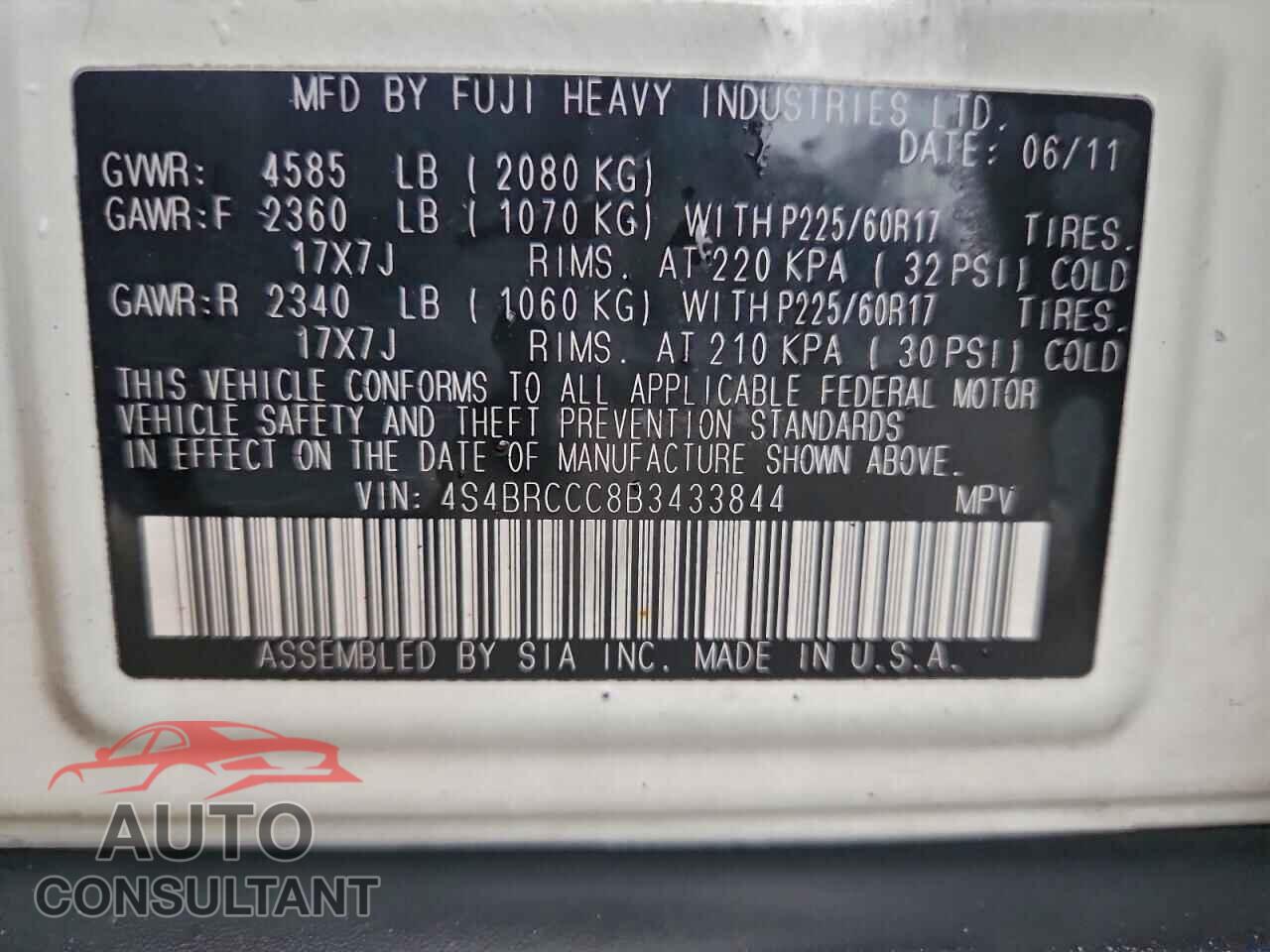 SUBARU OUTBACK 2011 - 4S4BRCCC8B3433844
