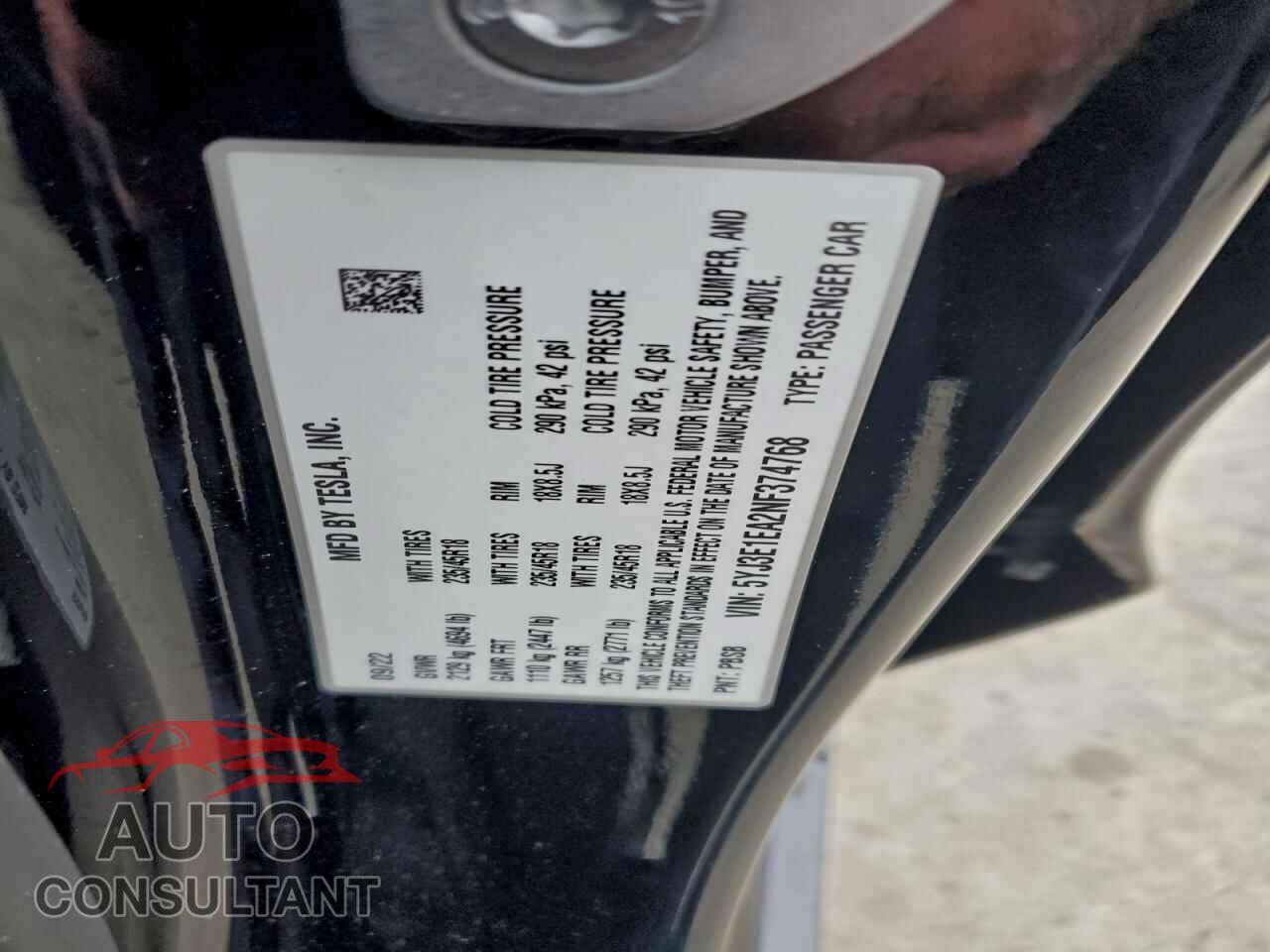 TESLA MODEL 3 2022 - 5YJ3E1EA2NF374768