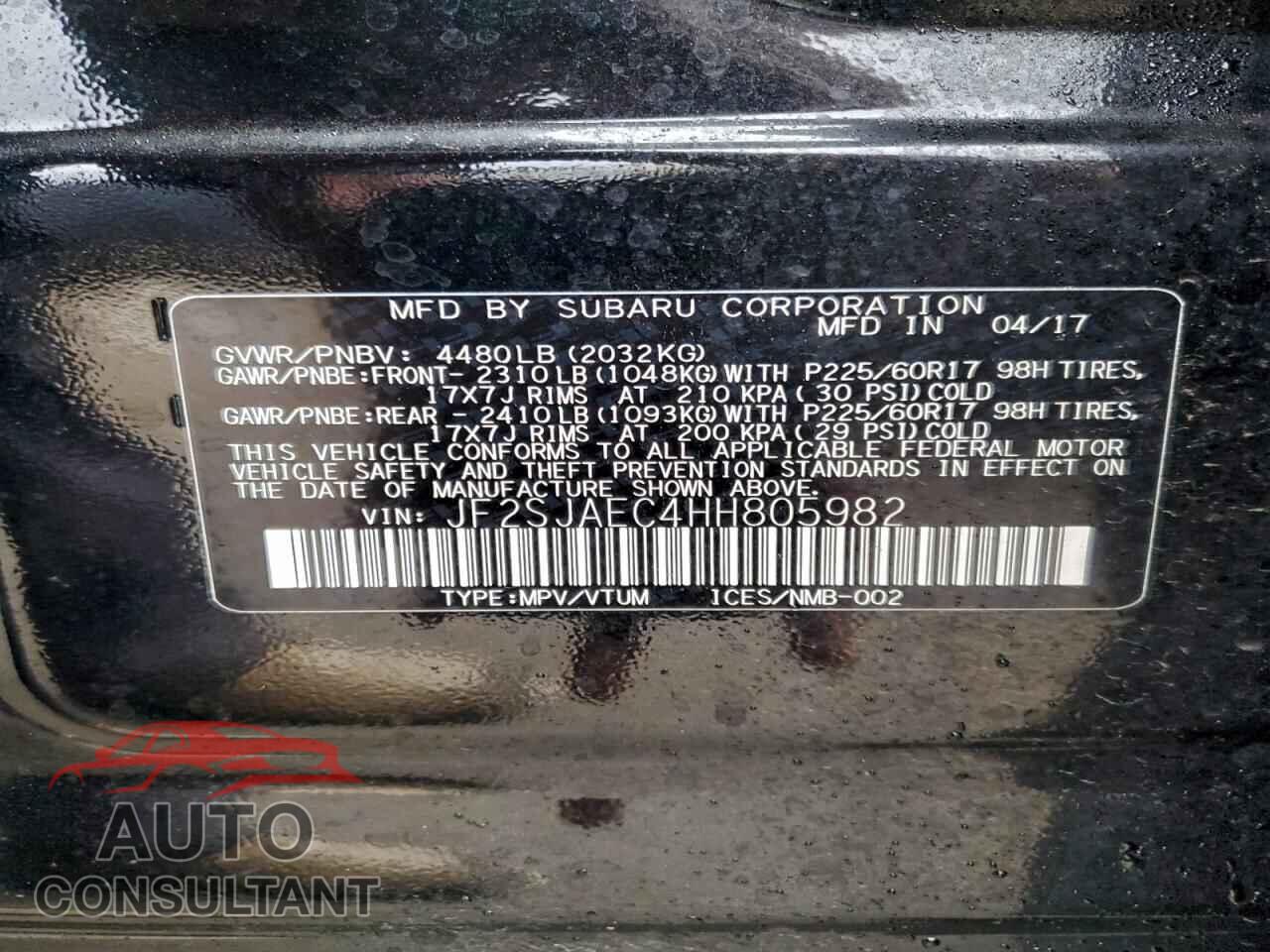 SUBARU FORESTER 2017 - JF2SJAEC4HH805982