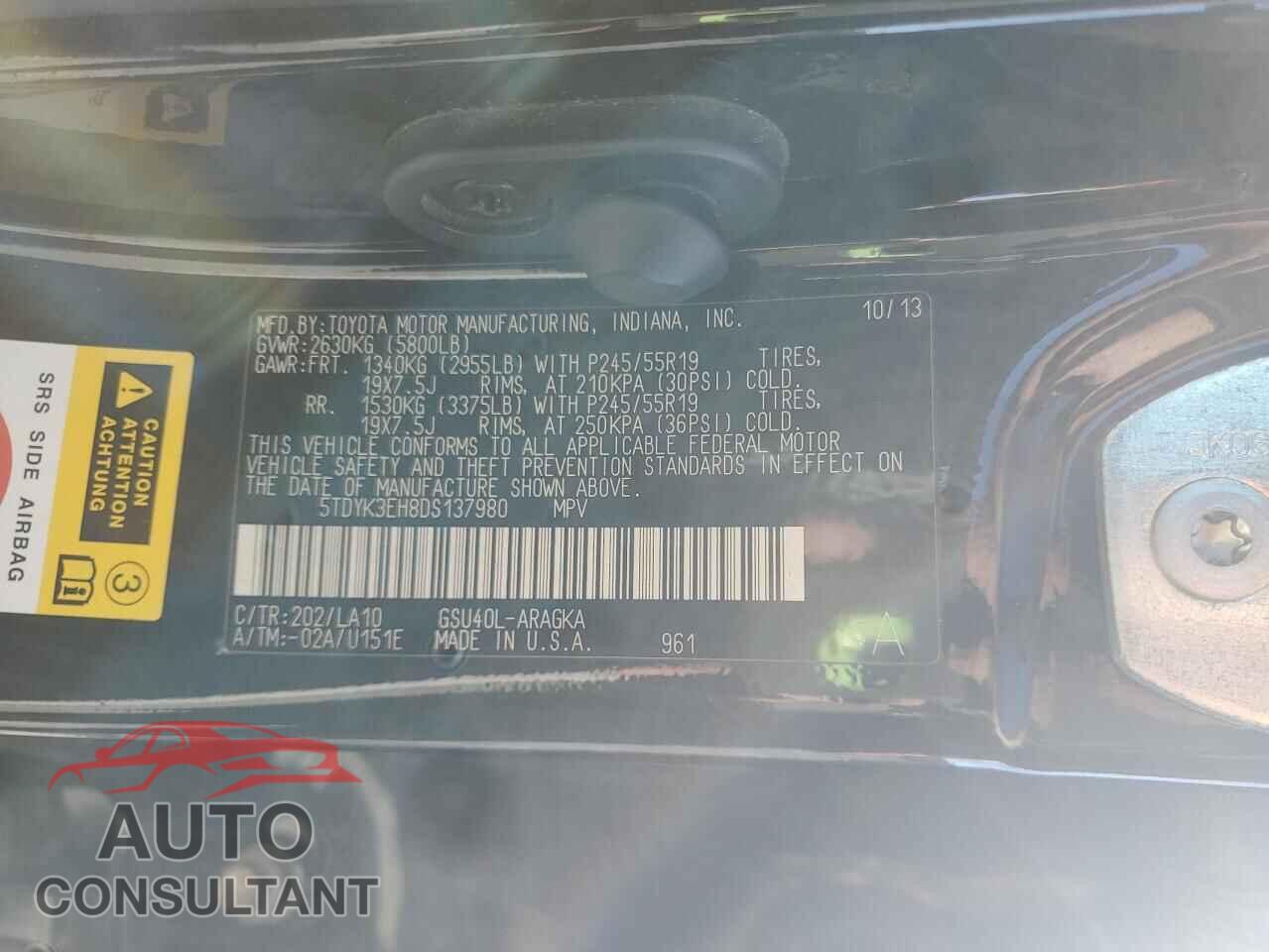 TOYOTA HIGHLANDER 2013 - 5TDYK3EH8DS137980