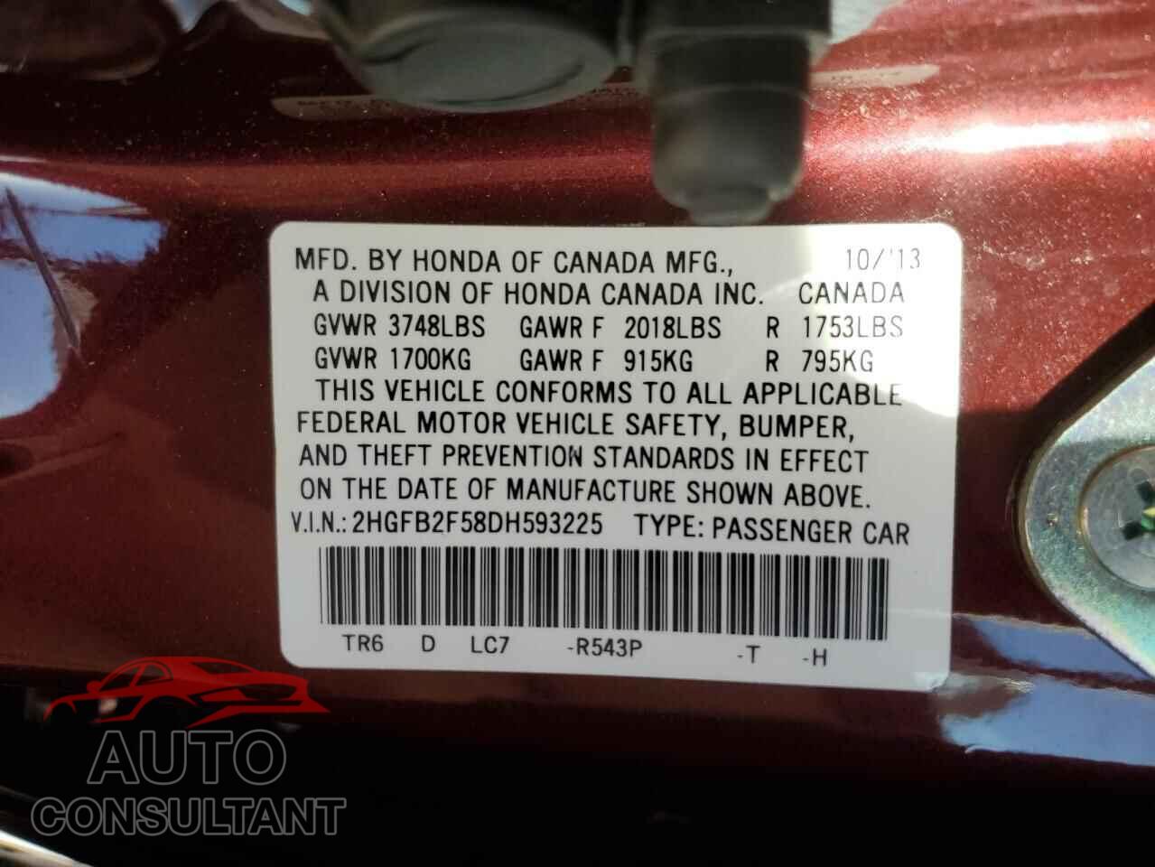 HONDA CIVIC 2013 - 2HGFB2F58DH593225