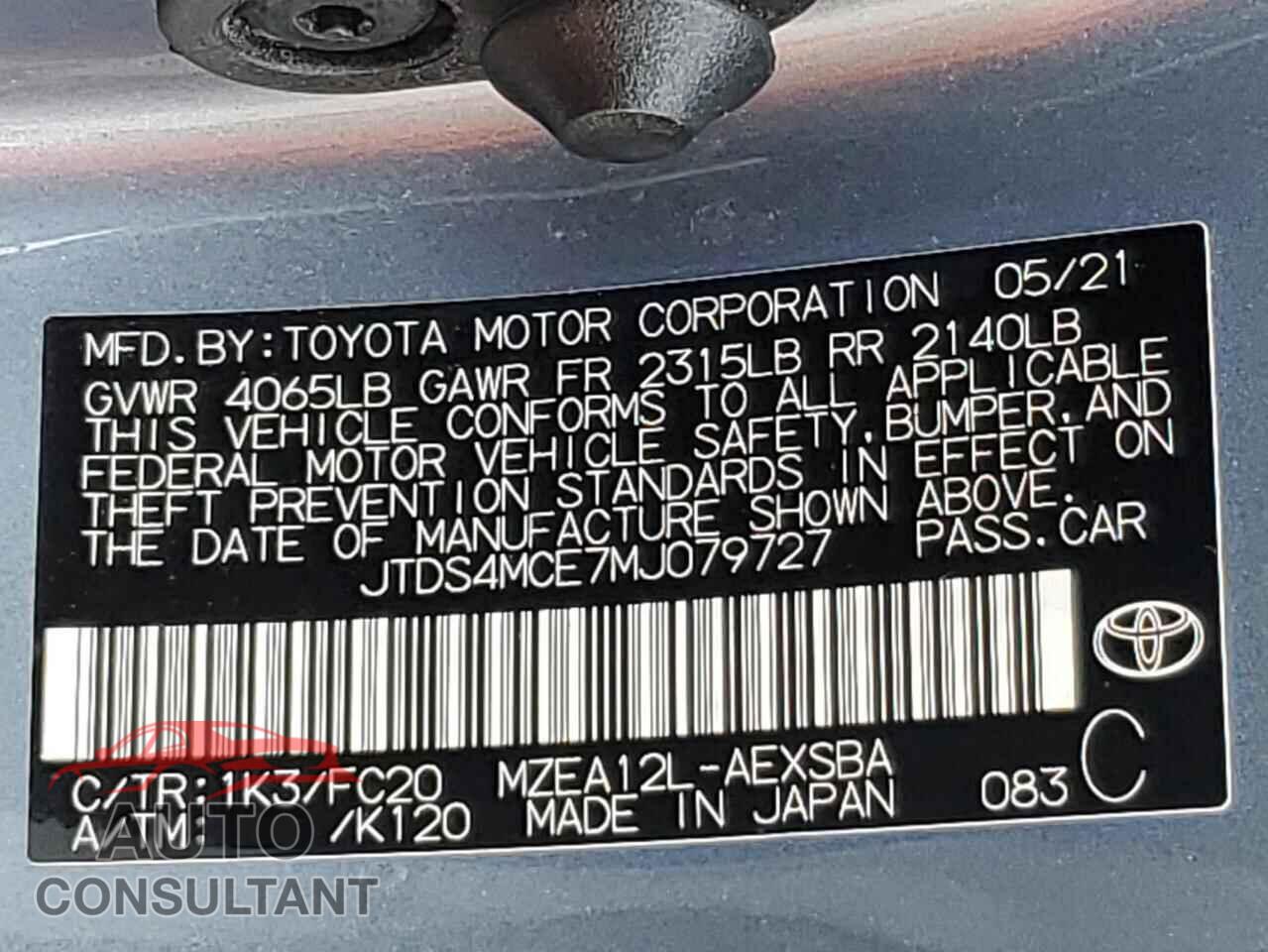 TOYOTA COROLLA 2021 - JTDS4MCE7MJ079727