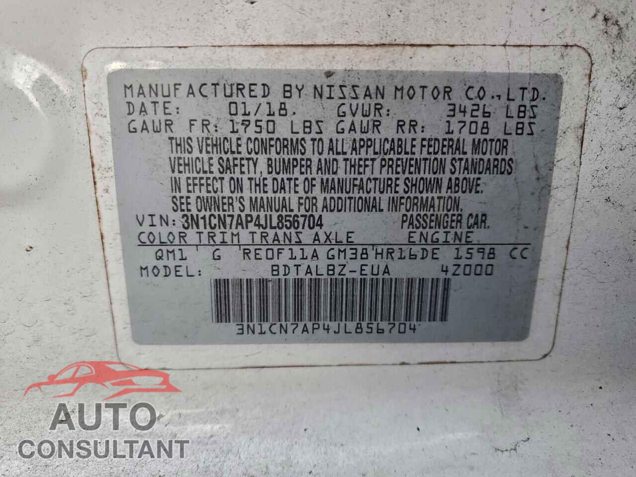 NISSAN VERSA 2018 - 3N1CN7AP4JL856704
