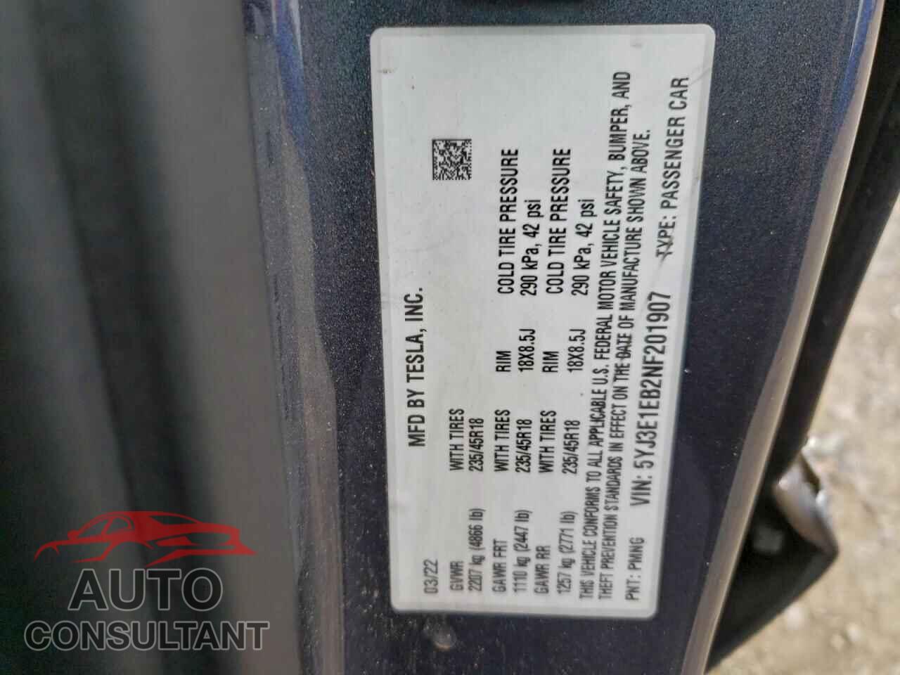 TESLA MODEL 3 2022 - 5YJ3E1EB2NF201907