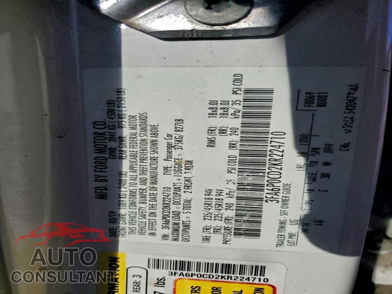 FORD FUSION 2019 - 3FA6P0CD2KR224710