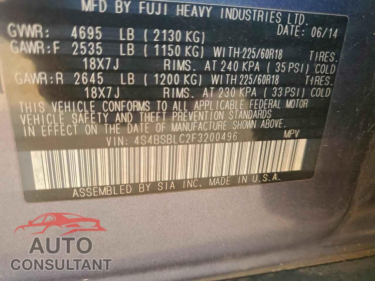 SUBARU OUTBACK 2015 - 4S4BSBLC2F3200496