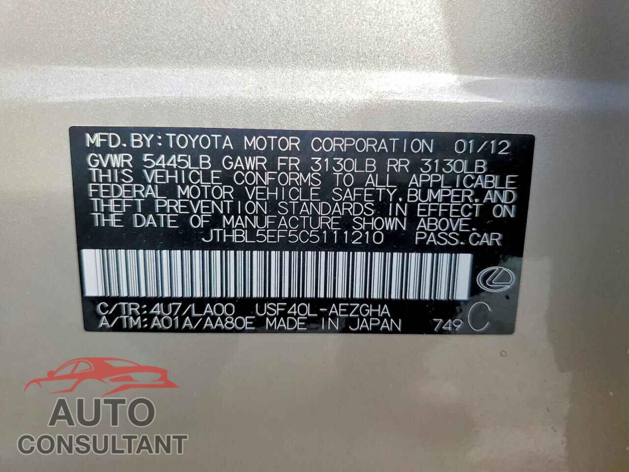 LEXUS LS460 2012 - JTHBL5EF5C5111210