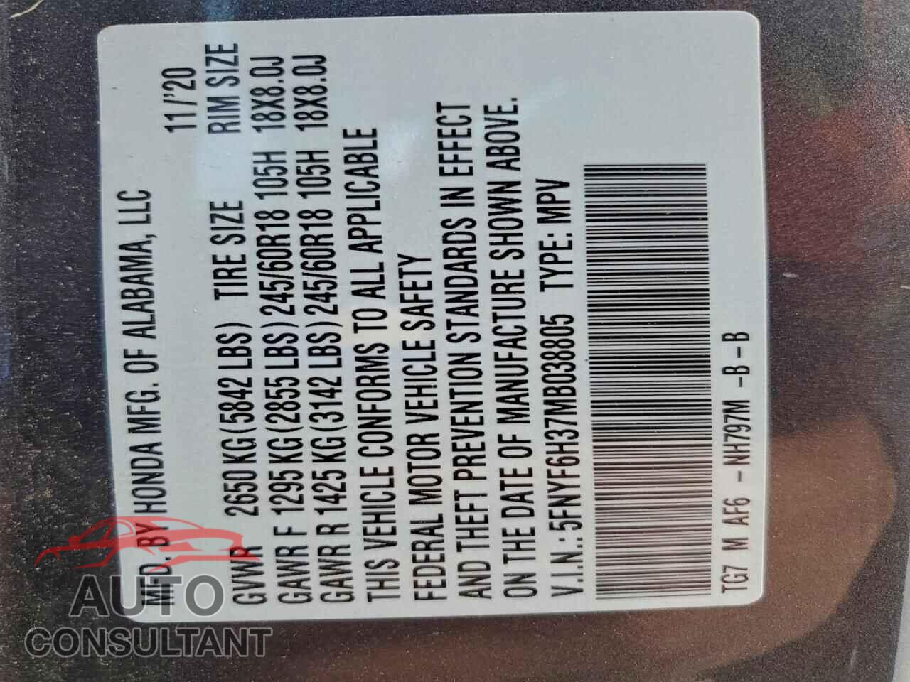 HONDA PILOT 2021 - 5FNYF6H37MB038805