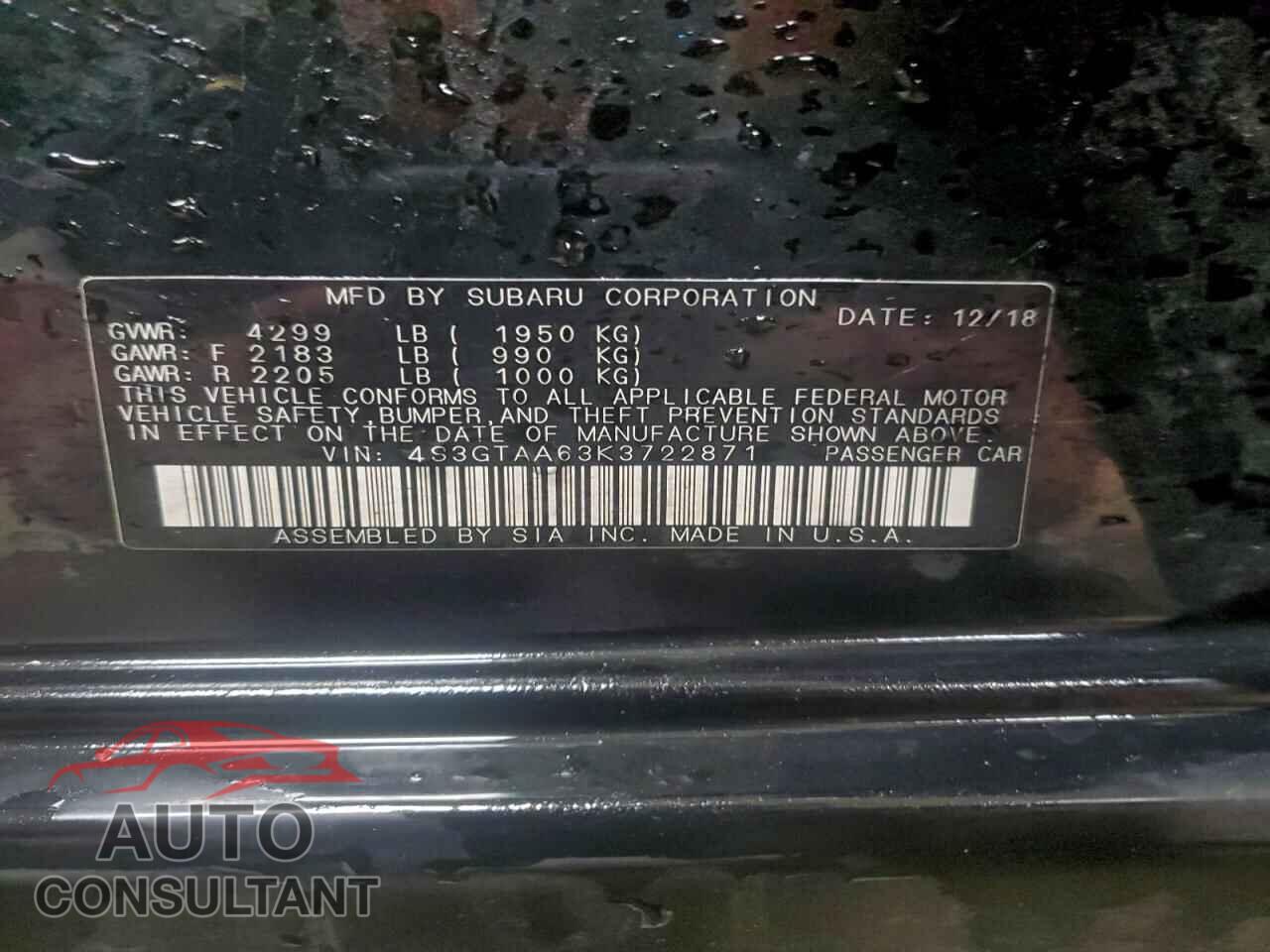 SUBARU IMPREZA 2019 - 4S3GTAA63K3722871