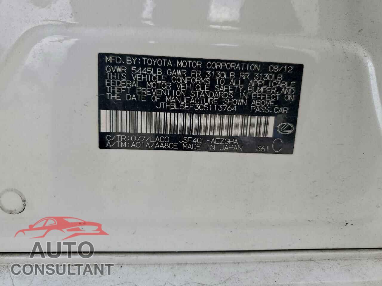 LEXUS LS460 2012 - JTHBL5EF3C5113764