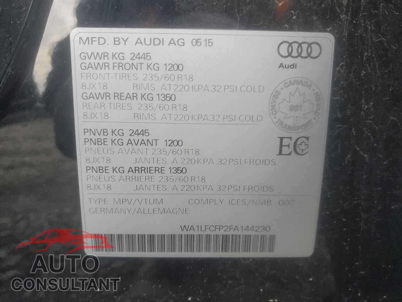 AUDI Q5 2015 - WA1LFCFP2FA144230