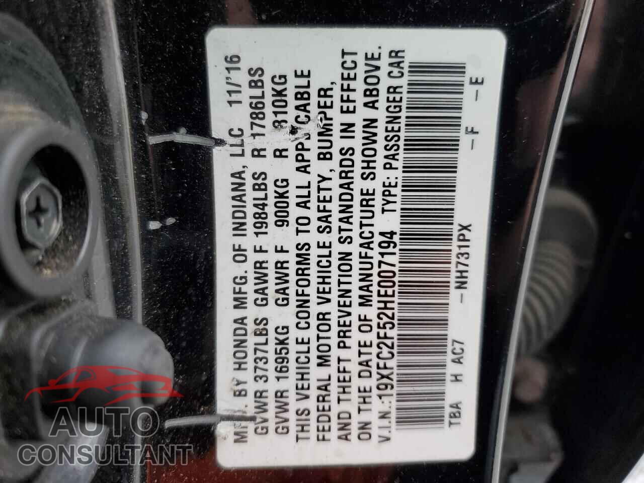 HONDA CIVIC 2017 - 19XFC2F52HE007194