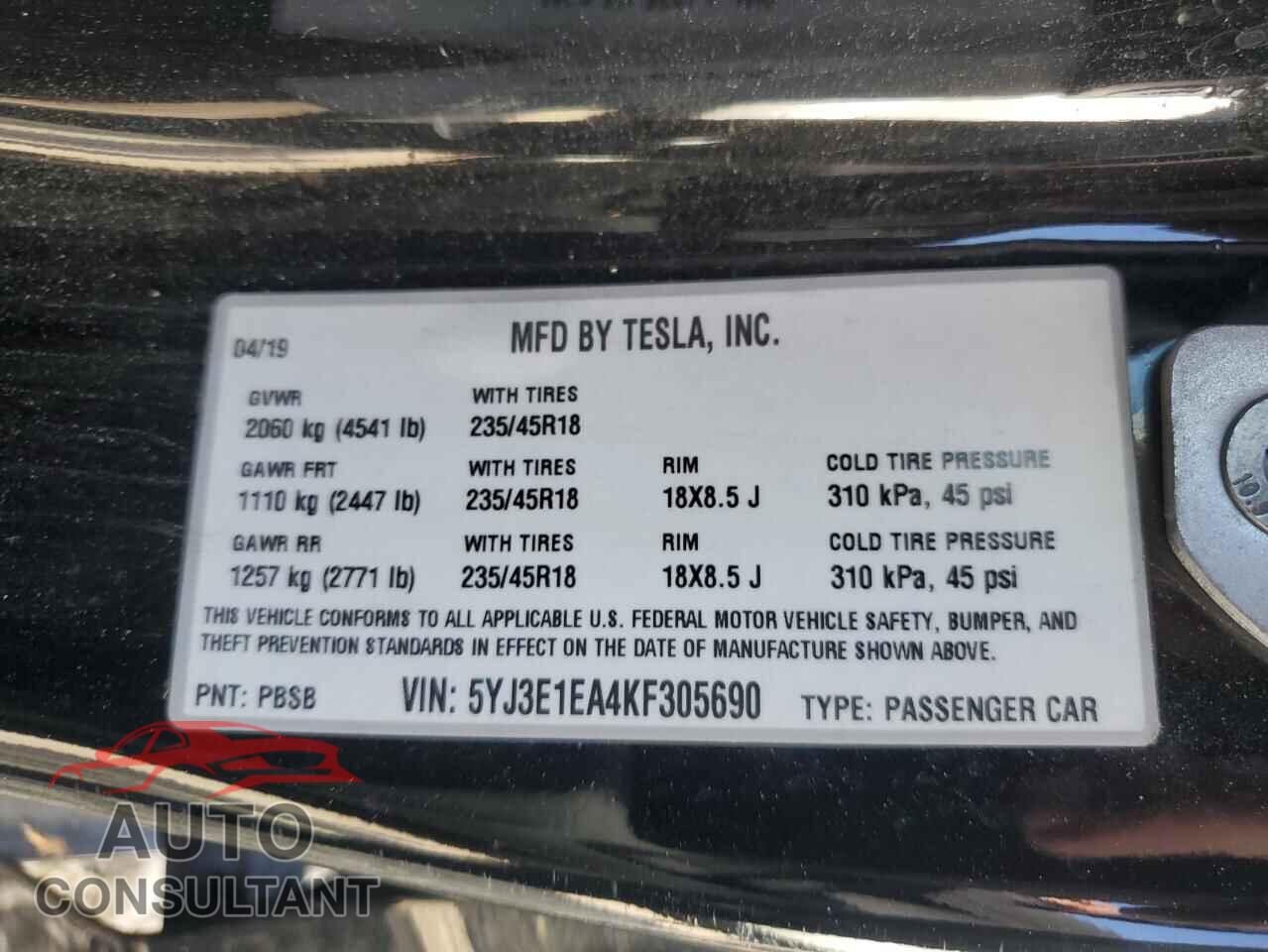 TESLA MODEL 3 2019 - 5YJ3E1EA4KF305690