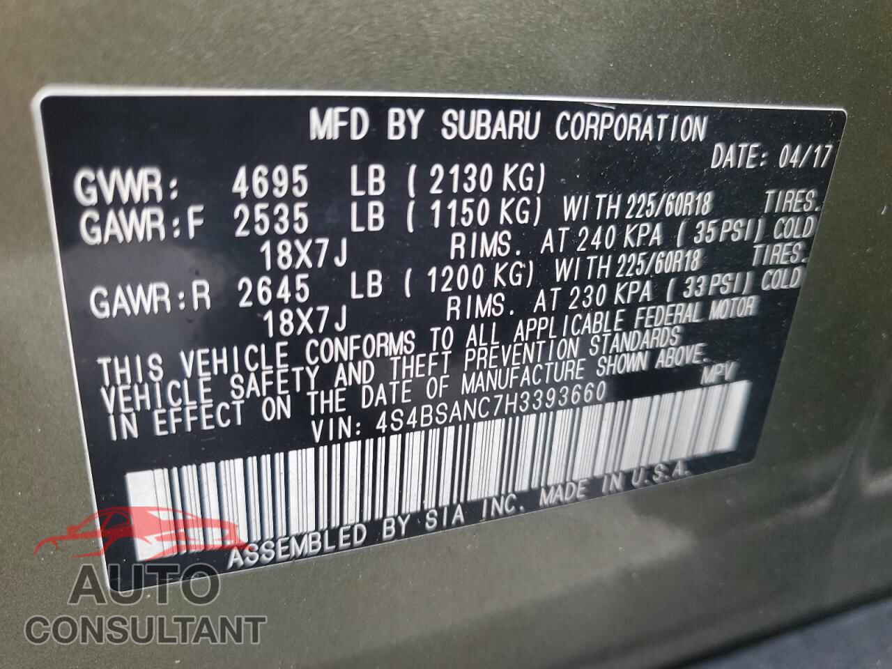 SUBARU OUTBACK 2017 - 4S4BSANC7H3393660