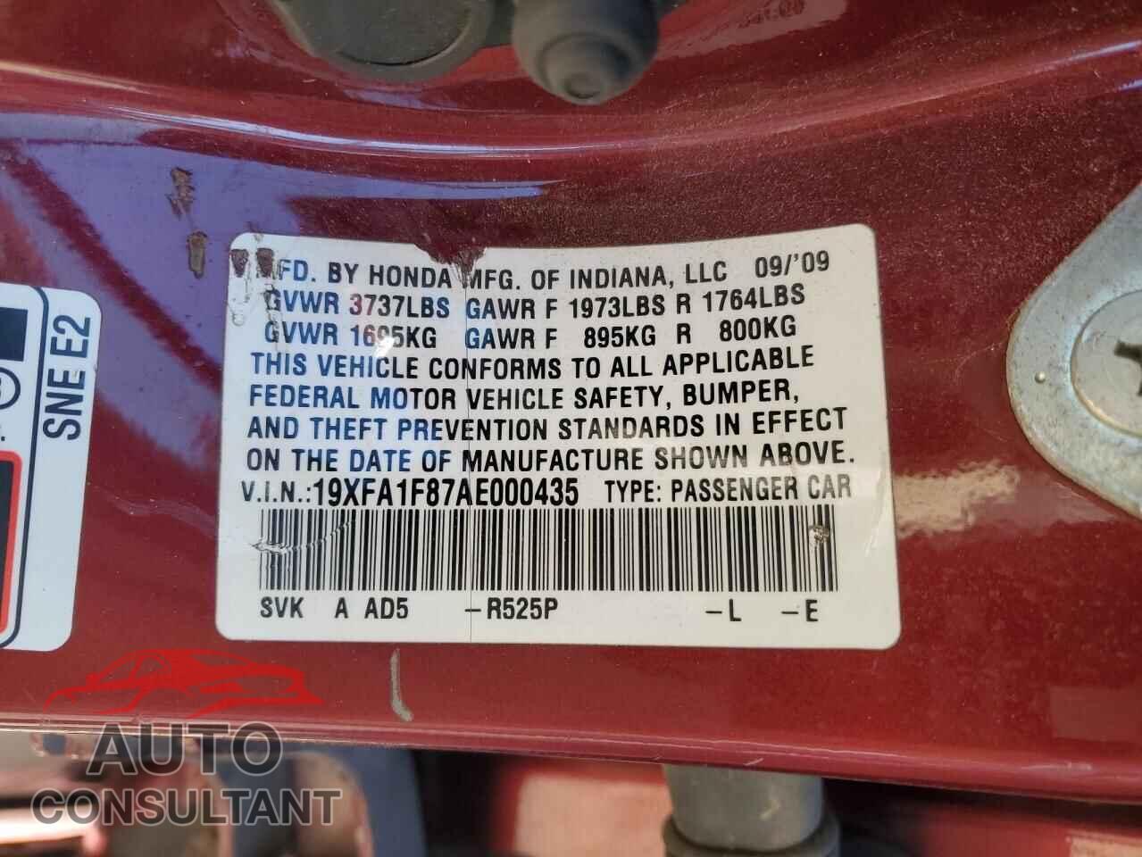 HONDA CIVIC 2010 - 19XFA1F87AE000435