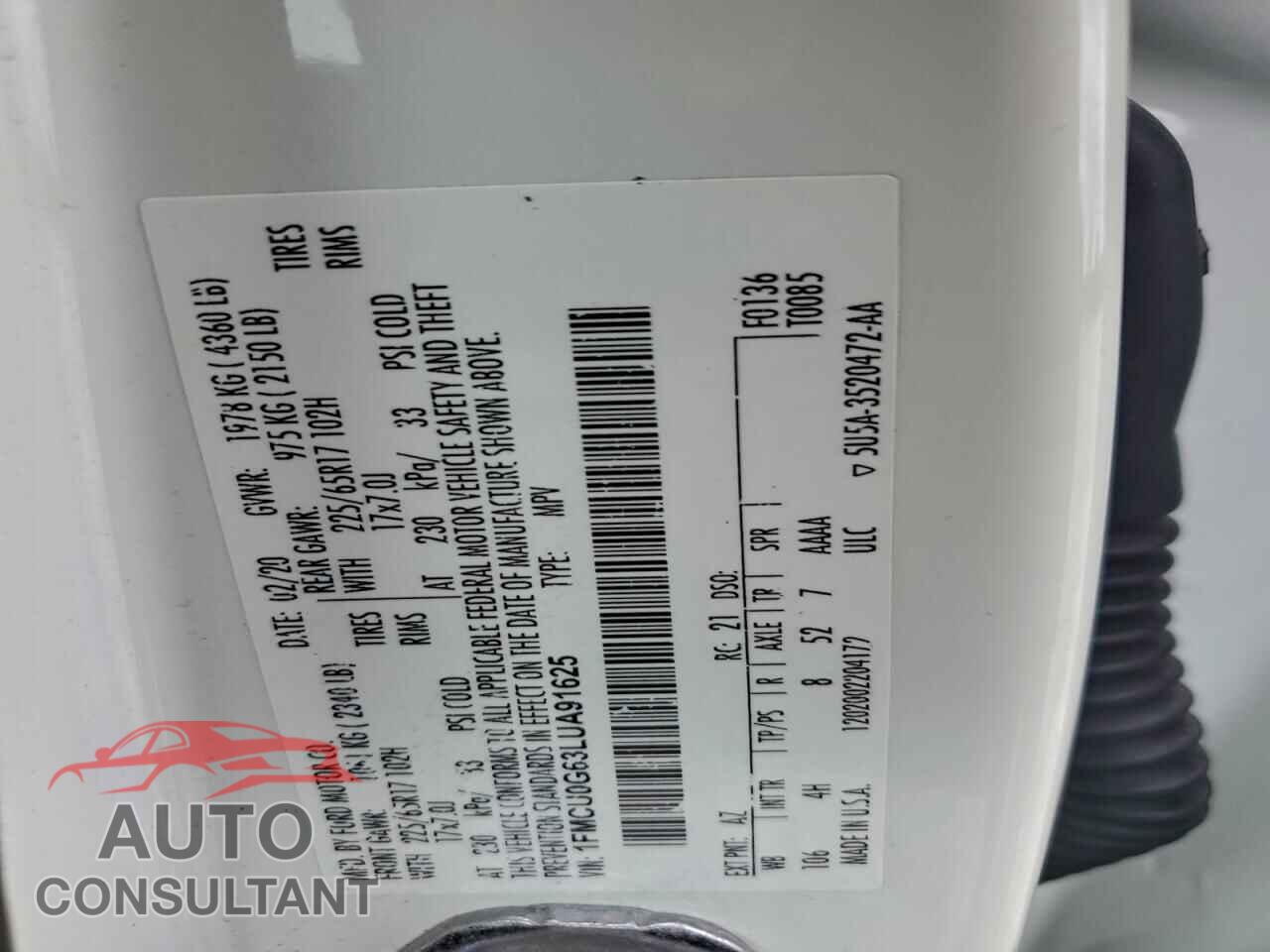 FORD ESCAPE 2020 - 1FMCU0G63LUA91625