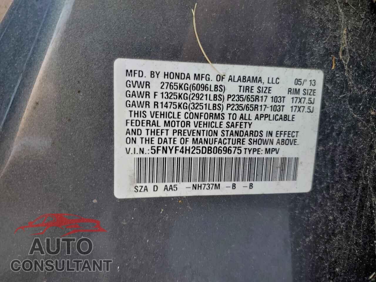 HONDA PILOT 2013 - 5FNYF4H25DB069675