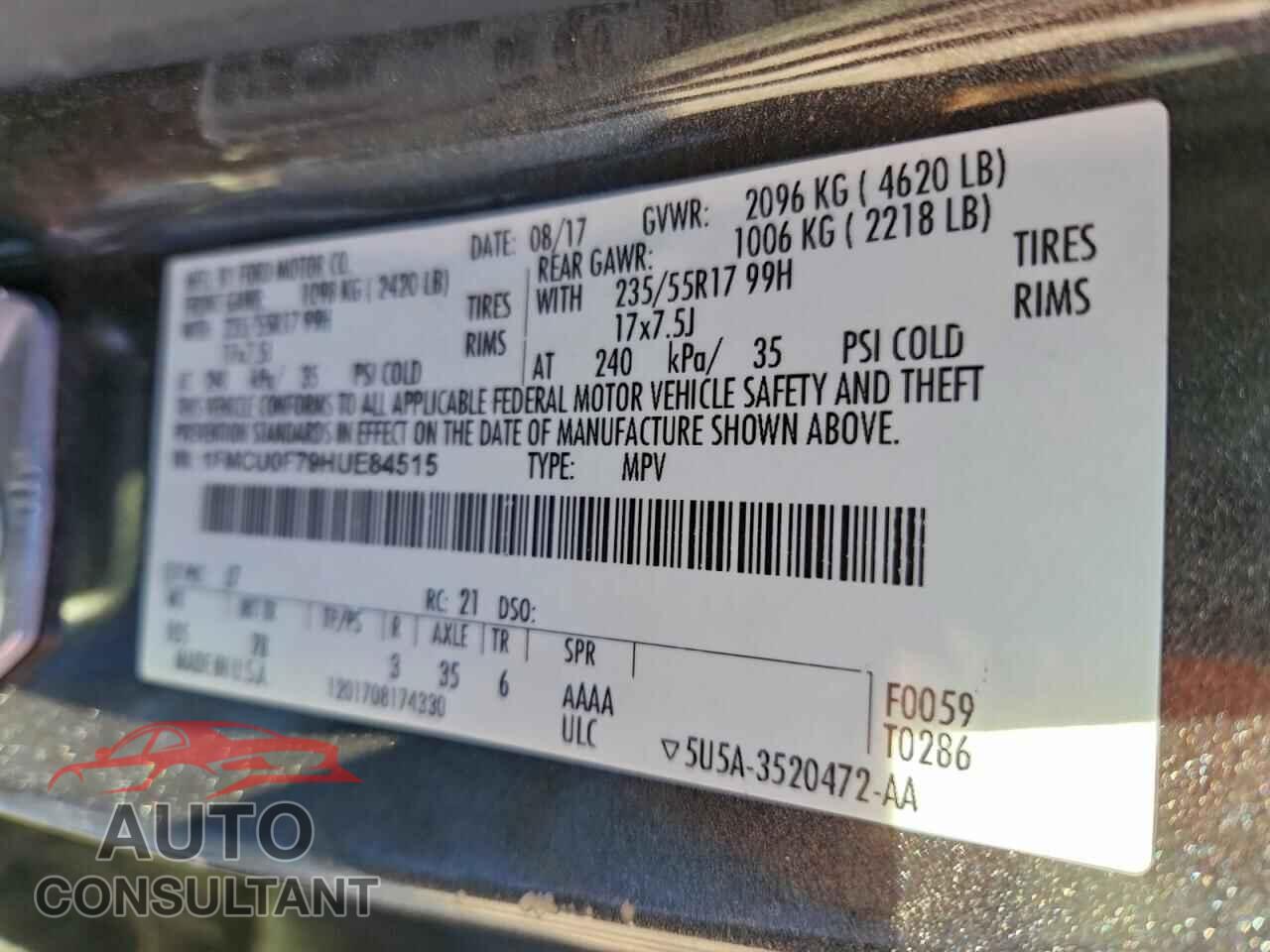 FORD ESCAPE 2017 - 1FMCU0F79HUE84515