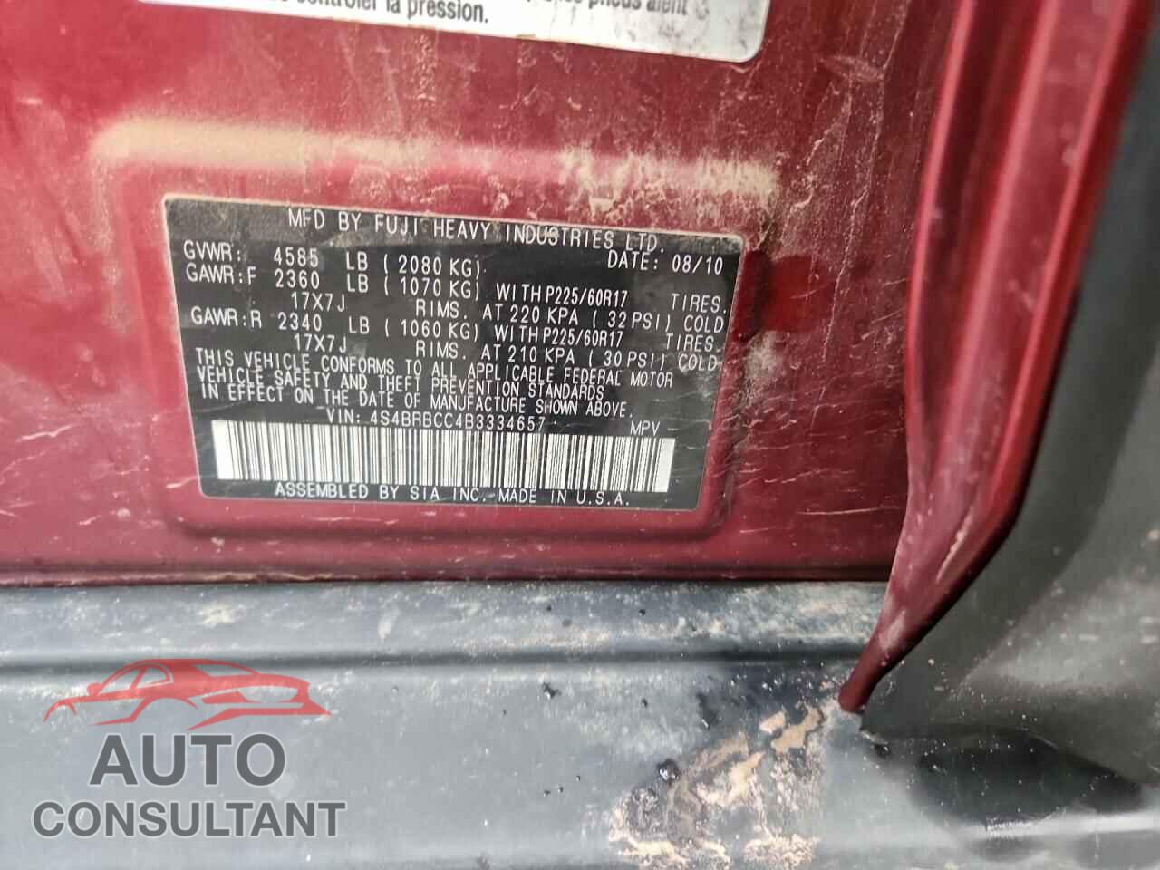 SUBARU OUTBACK 2011 - 4S4BRBCC4B3334657