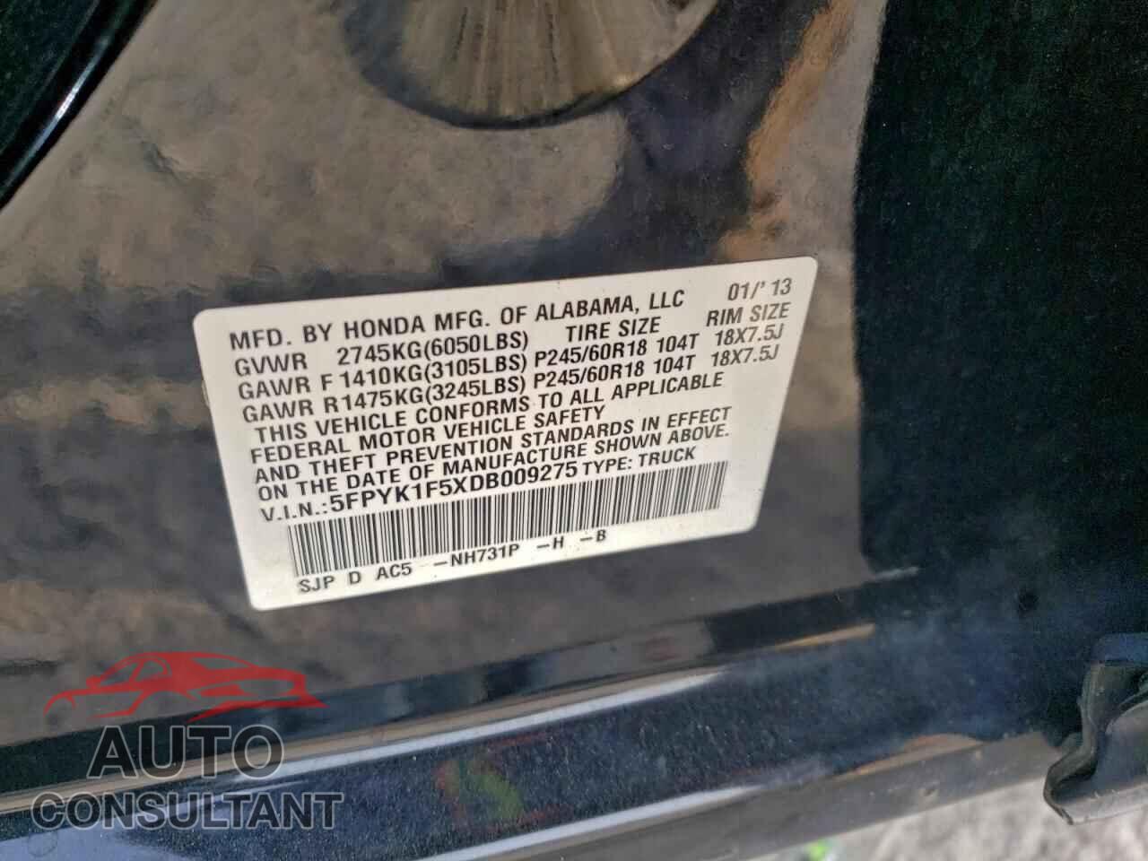 HONDA RIDGELINE 2013 - 5FPYK1F5XDB009275
