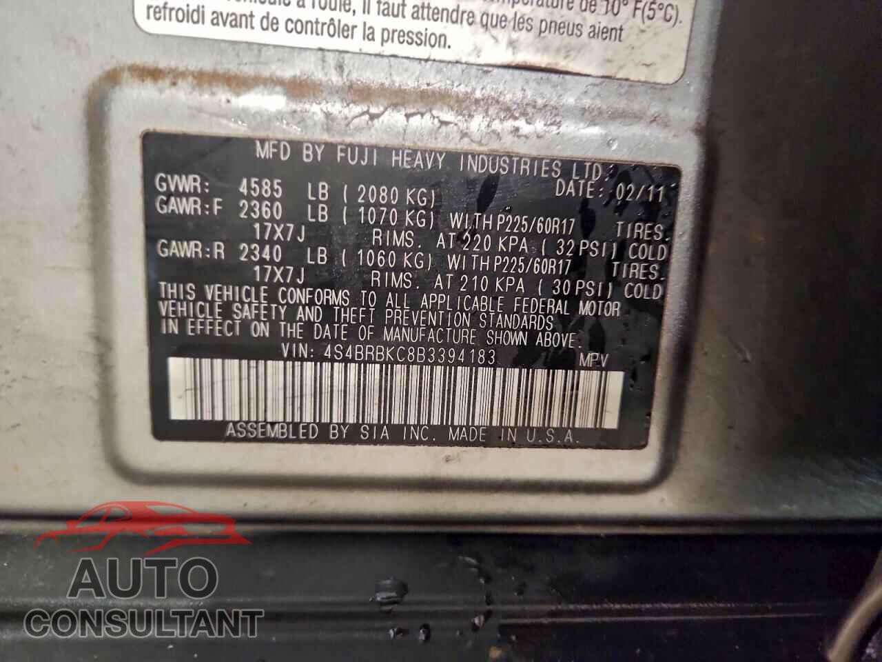 SUBARU OUTBACK 2011 - 4S4BRBKC8B3394183