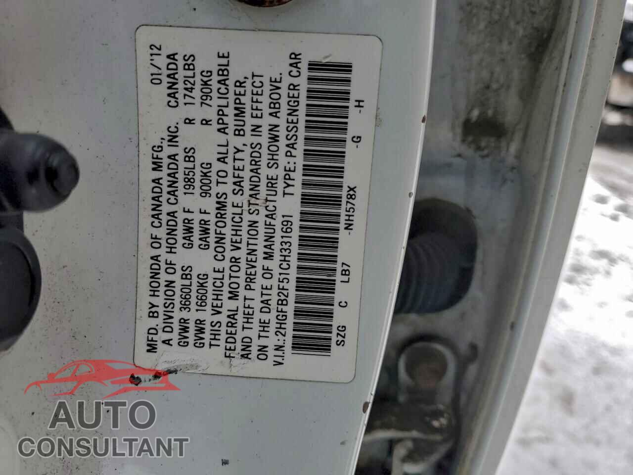 HONDA CIVIC 2012 - 2HGFB2F51CH331691