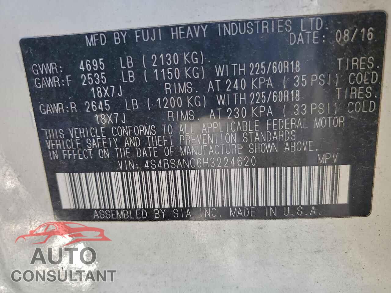 SUBARU OUTBACK 2017 - 4S4BSANC6H3224620