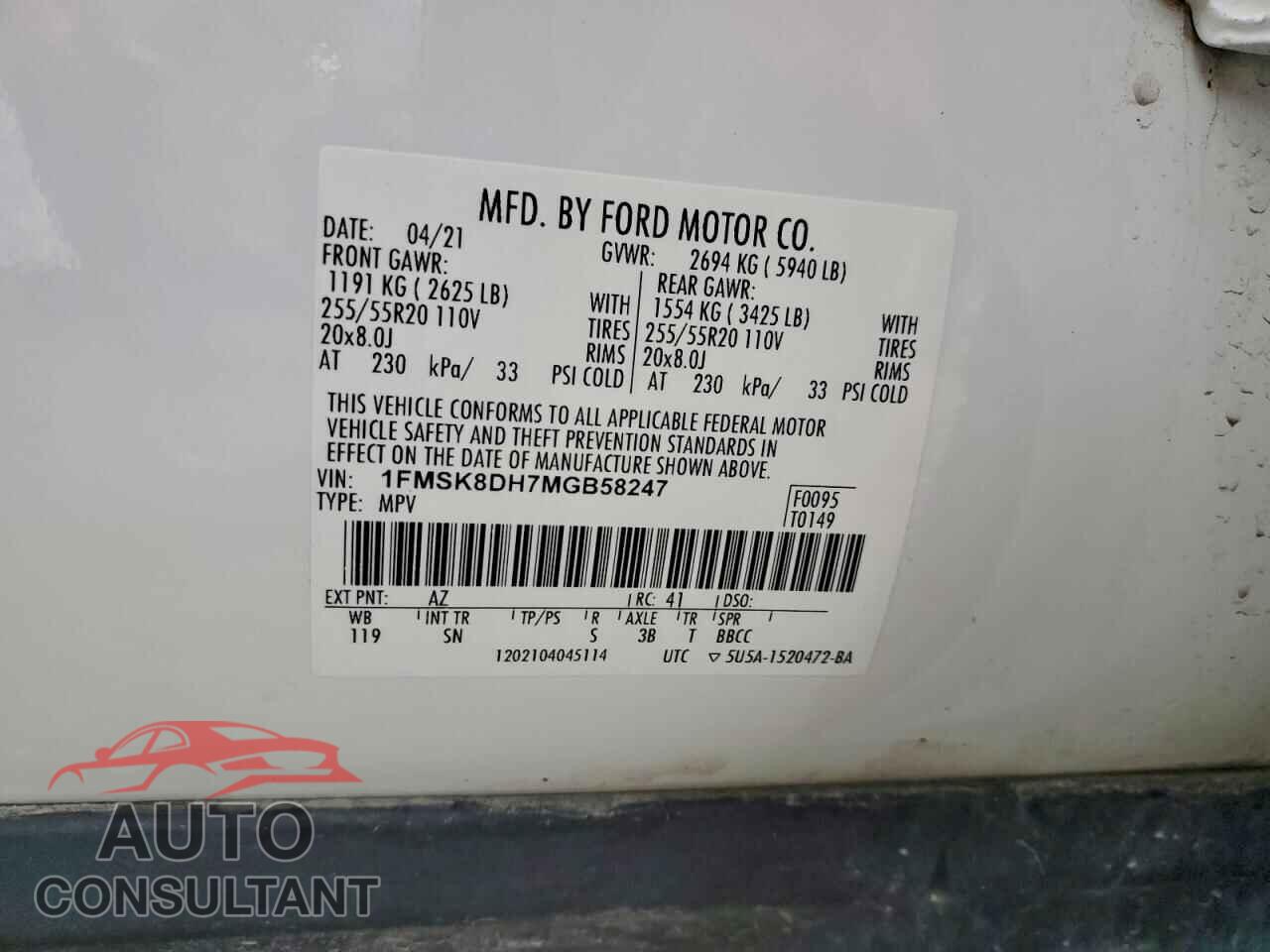 FORD EXPLORER 2021 - 1FMSK8DH7MGB58247